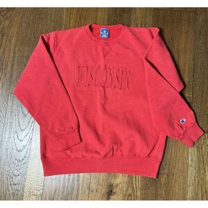Vintage 1980's Red Champion Sweatshirt Embroidered Red Wisconsin Size XL‎